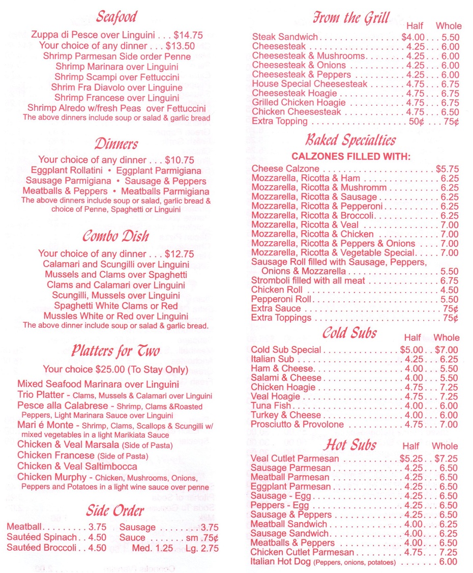 Franks Italian Restaurant & Pizzeria Menu